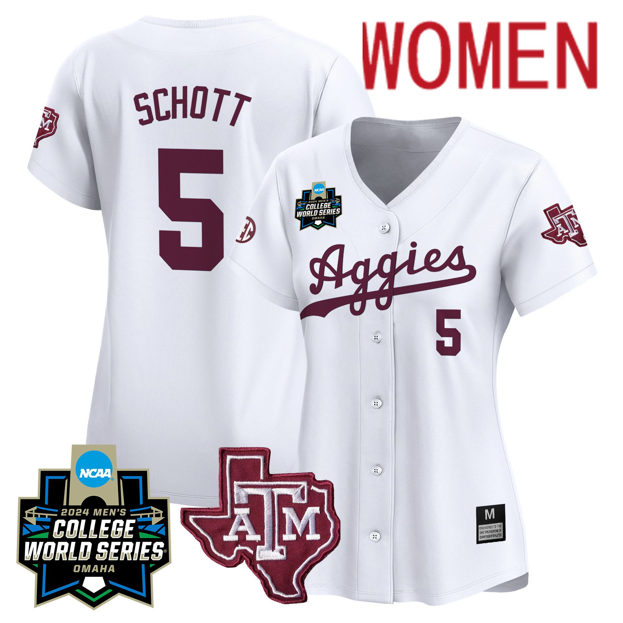Women Texas A&M Aggies #5 Schott White 2024 College World Series Vapor Premier Limited NCAA Jersey
